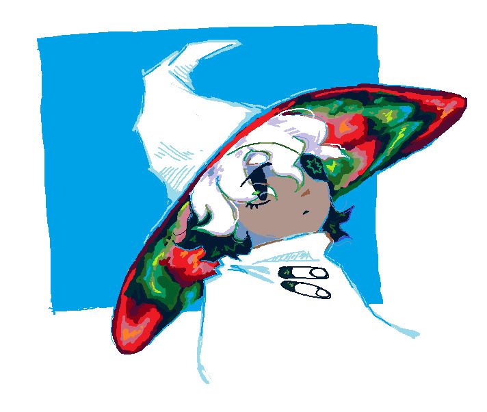 A colored drawing from the chest up of Siffrin from In Stars and Time made in MS Paint. Siffrin is looking up and to the right with a neutral expression. The underside of his hat is colored in various shades of phthalo green and bright red resembling a spiral galaxy. In the background is a sky-blue block of color, which affects the lighting on their face, hair, and clothes.