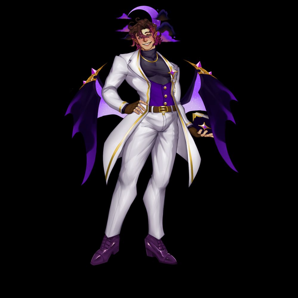 A full body character reference of me, Sodsboy! I'm wearing a grey turtleneck with a purple waistcoat and a white overcoat with gold highlights. I have a gold chain around my neck and a purple chest pin! I'm also wearing purple balmoral boots and white dress pants with belt! My hair has stars as highlights and there is a purple moon and clouds behind my head!