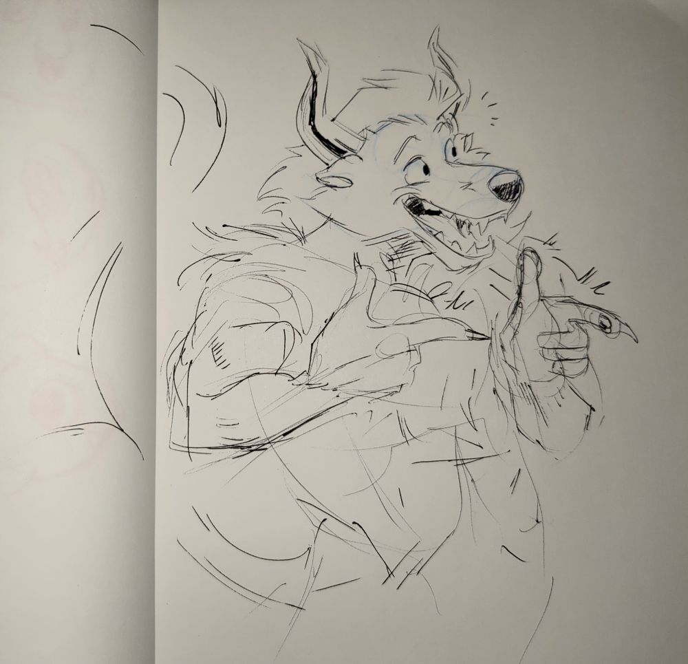 Pen sketch of my OC, Kedamono. He is doing the finger guns gesture to some unknown person to the viewer's right, with a big open-mouthed smile on his face.
