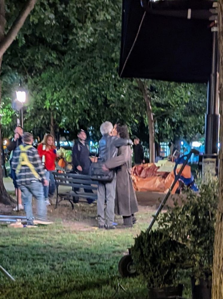 Assad Zaman and Eric Bogosian hugging  behind the scenes of interview with the vampire season 3 