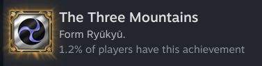 a three-armed lavender spiral on a black circle in a white square surrounded by glowing gold trim. text says The Three Mountains. Form Ryukyu. 1.2% of players have this achievement.