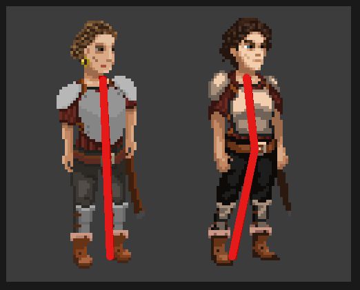 Two pixel art characters side by side. The right side version is much improved!