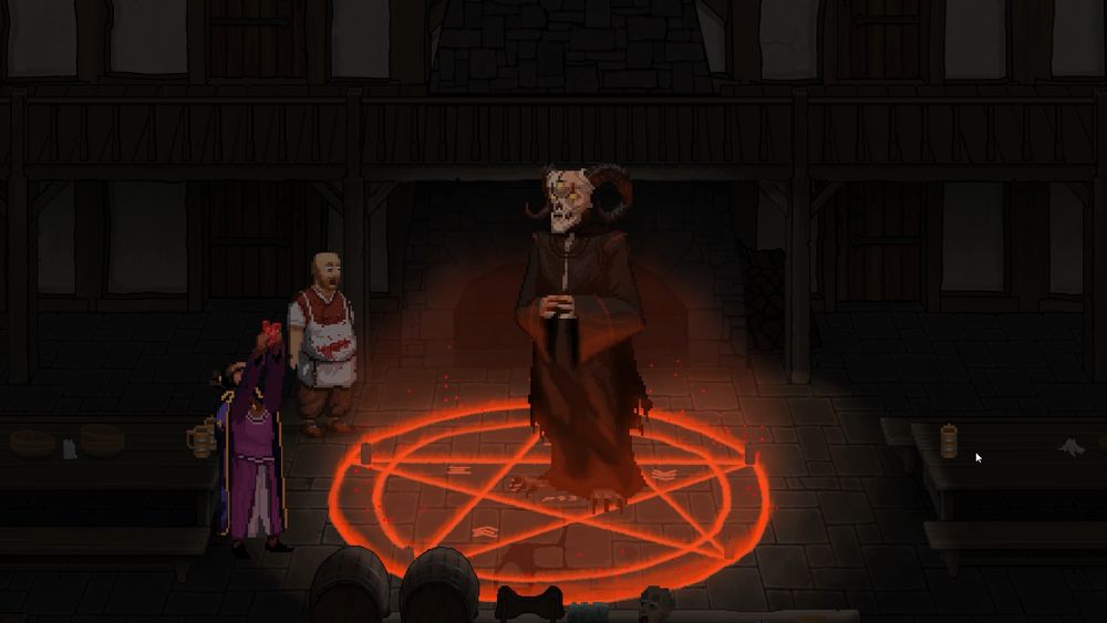 A demon standing in a glowing pentagram. The player stands nearby, shocked. A sorceress in a purple and dark blue robe is raising a heart to the air. It is in a pixel art style.