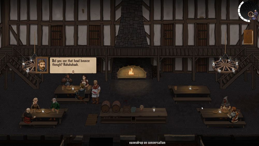 The common room of the Weary Pilgrim inn at night.  It is in a pixel art style. There are four tables, around which sit eight people in three groups. The player character is wearing an apron, and listening to a conversation at one table.