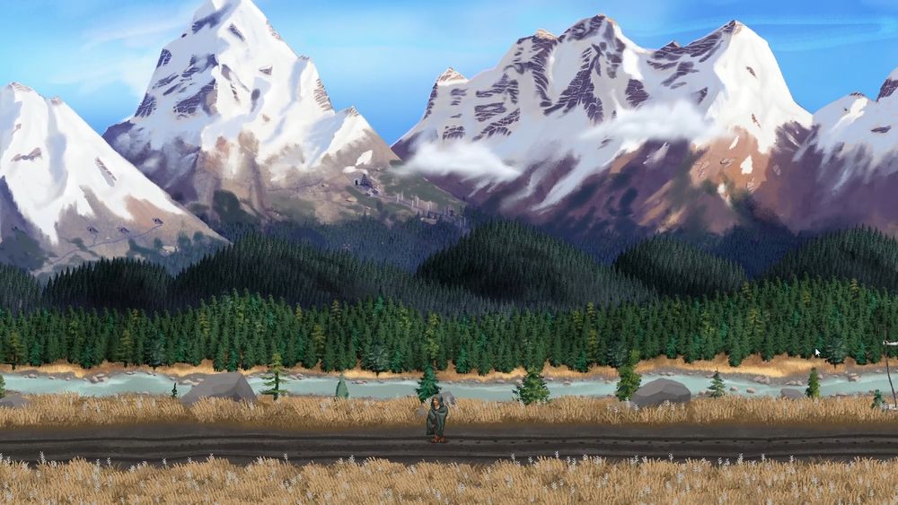 An alpine vista is in the background. In the foreground the player character is walking along a muddy road, towards the Weary Pilgrim inn.