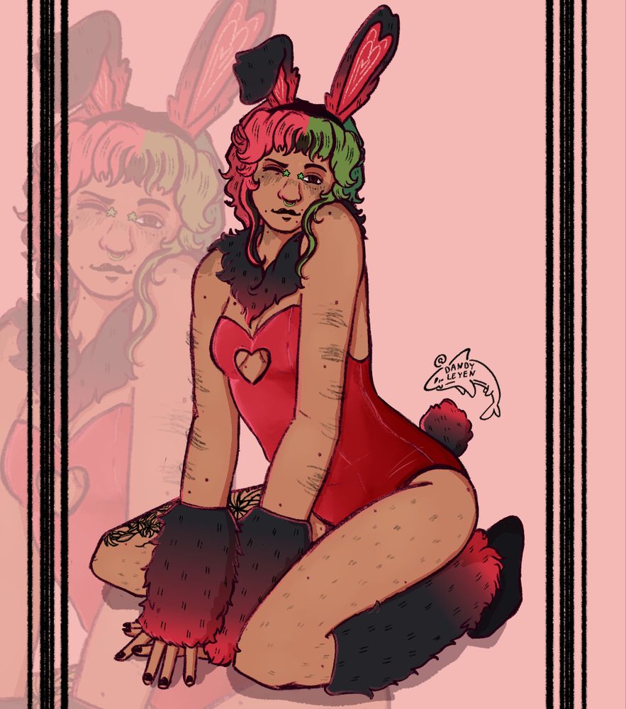 A digital illustration of an original character for Mouthwashing, named Sol. She's in a bunny outfit, posing on her knees with her hands out in front of her. The leotard she wears is a reddish pink and has a heart cutout that shows some inner cleavage. She also has furry leg warmers, arm warmers, a bunny tail, a furry collar, and bunny ears, all with black and pink gradients. She's winking with a smile.