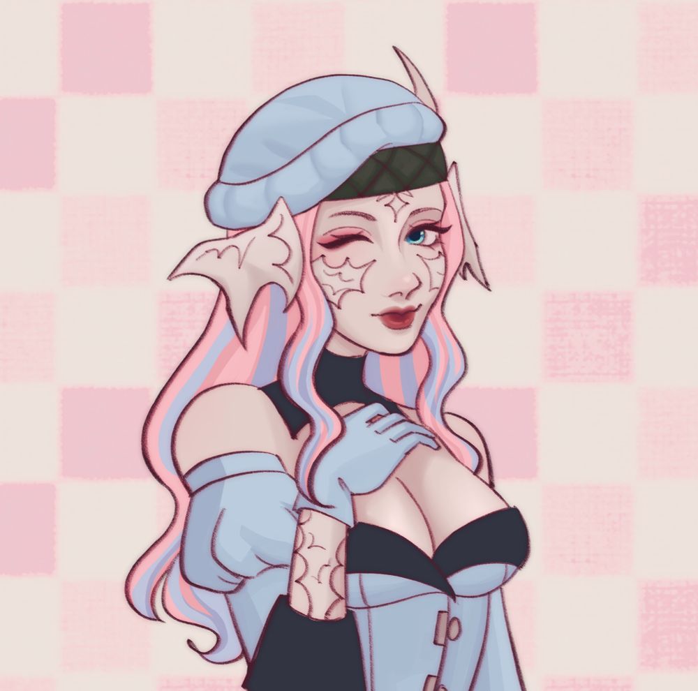 ffxiv wol Yukika in a blue outfit. includes a hat with a feather and accents of green and dark blue. iii haven’t drawn in a moment i feel rusty waaa
