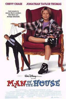 Movie poster for the 1995 Chevy Chase/Jonathan Taylor Thomas vehicle “Man of the House”. JTT is seated in a fancy chair and manipulates a distraught half-sized Chevy Chase like a marionette.