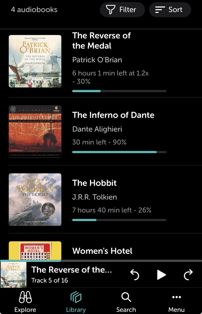 Audiobook queue:

Patrick O’Brian’s “Reverse of the Medal”
Dante’s Inferno
Tolkien’s “The Hobbit” (read by Andy Serkis, it’s so good)
Danny Lavery’s “Women’s Hotel”