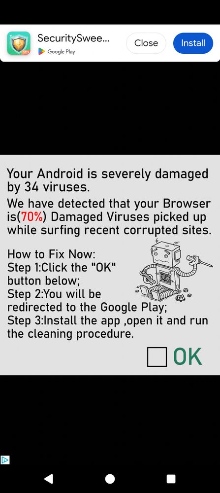Screenshot showing desperate advertisement trying to deceive the user into installing their "anti-virus" app.