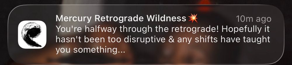 a notification from the Pattern app:

subject: Mercury Retrograde Wildness

“You're halfway through the retrograde! Hopefully it hasn't been too disruptive & any shifts have taught you something…”