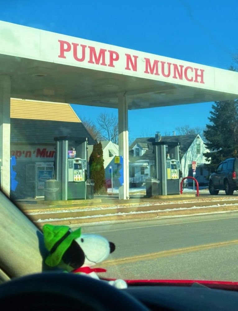 pulling up at a gas station called pump n munch.