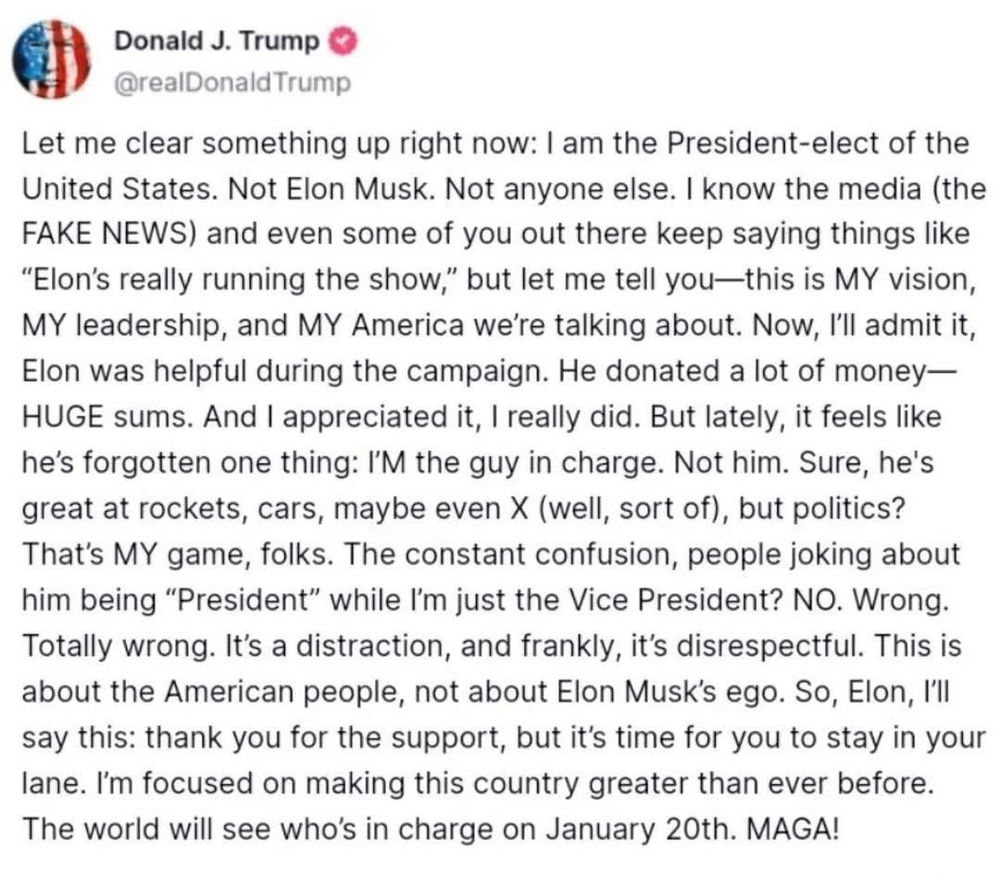 A screenshot from truth social of Donald Trump impotently asserting that HE is in the big boy chair, not Elon. His tone is palpably panicked. 