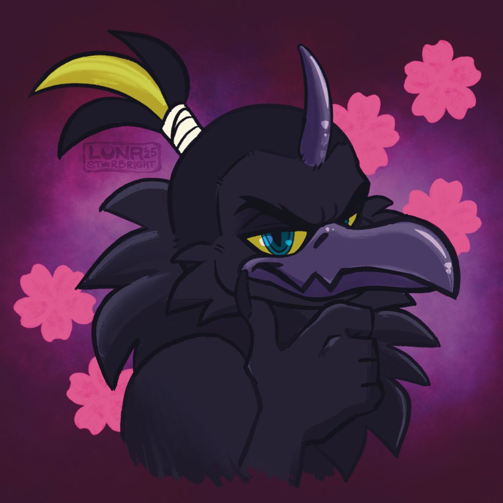 An illustrated portrait of TysonSirius; Part Crow, Part Oni. Ty is primarily an anthro “furry” Crow, with exaggerated details making them appear more Oni like. Ty has a large singular horn sticking out of their forehead, a beak with serrated “teeth” near the corners of their mouth. Their “hair” is pulled back into a tight top-knot-esque ponytail, revealing a tuft of feathers with a singular strip of bright yellow. They have a large tuft of feathers that envelops their shoulders, neck, and chest. They are holding their chin in their thumb and index finger.

They have a mischievous grin with piercing yellow eyes and blue irises that stare you down. What could they be thinking?