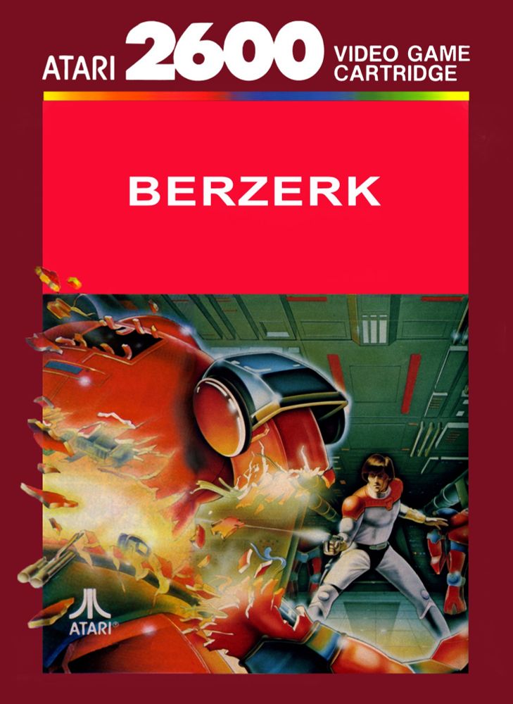 The box art for the Atari 2600 port of Berserk. It shows a male humanoid intruder in red and grey clothes, using a laser weapon to blast apart a robot, while more red and black robots lurk in the background.