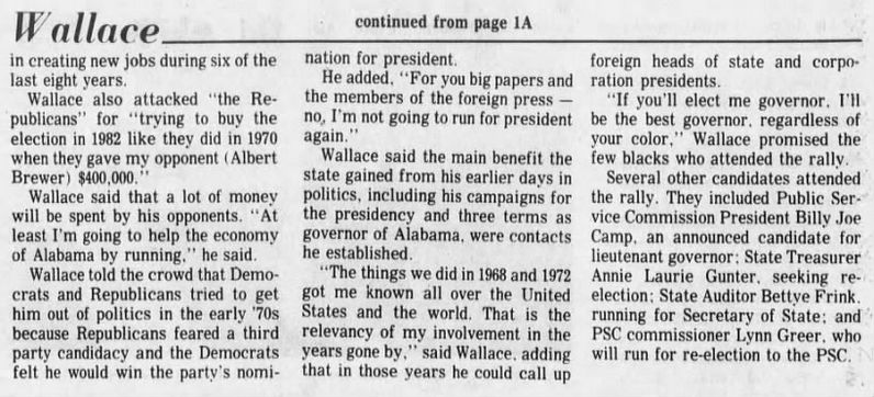 newspaper clipping about George Wallace's comeback bid for Alabama Governor, Wallace proclaiming he's "not going to run for president again."