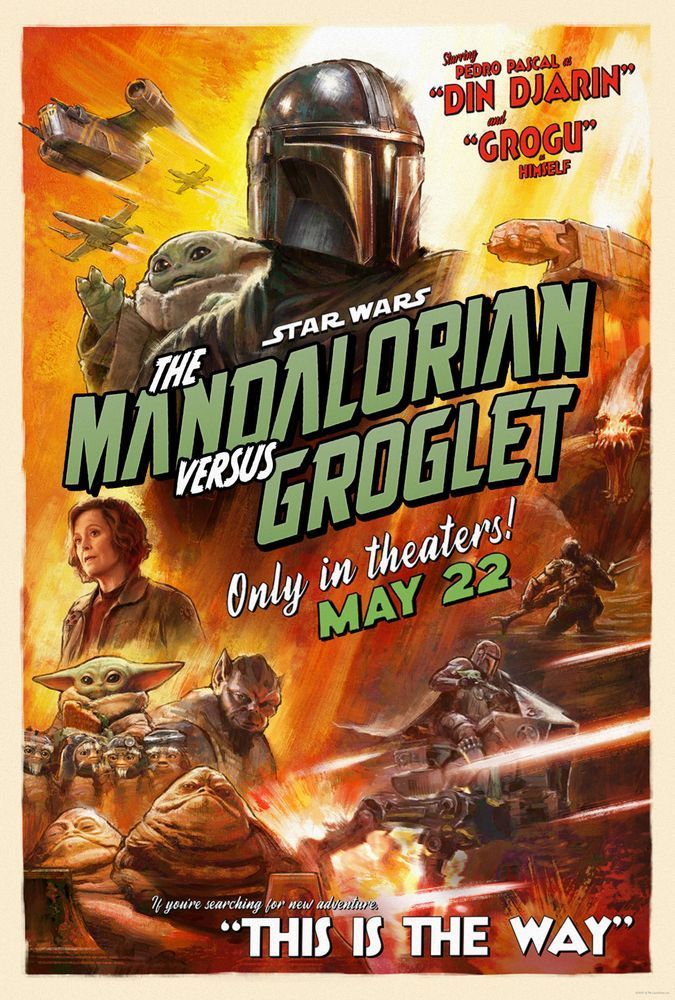 Movie poster for "The Mandalorian and Grogu" edited so the title reads "The Mandalorian Versus Groglet"