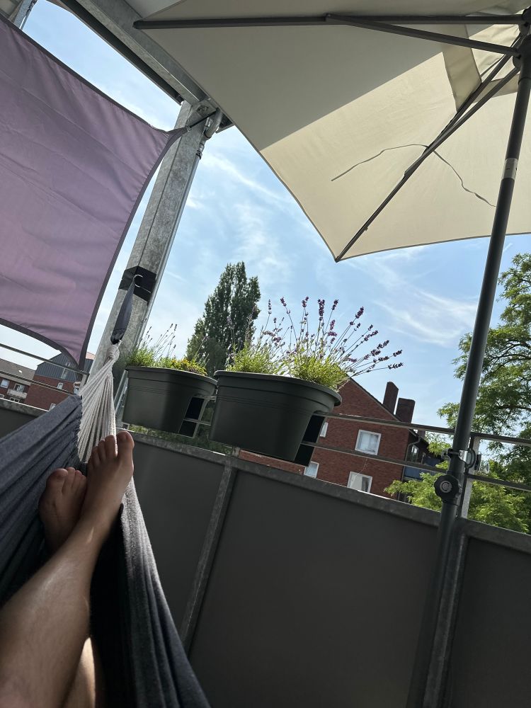 POV und er Hängematte liegen die quer über einen Balkon gespannt ist. Sonnenschirm und Sonnensegel sorgen für Schatten. Auf dem Balkongeländer sind Blumenkästen mit Lavendel, der Himmel ist blau mit wenigen Wolken