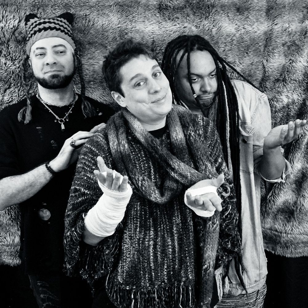 Foto preto e branca:

Lucas, Gabiru e Alex. Lucas está na frente, ao centro, olhando para a câmera e fazendo sinal com as duas palmas de que diz "veja pelo lado bom...", com cara divertida e constrangida. À esquerda, Gabiru, usando um gorro engraçadinho, apoia a mão no ombro de Lucas e desvia o olhar com uma expressão decepcionada consigo mesmo. À direita, Alex se encolhe atrás de Lucas e estende as palmas para a frente com cara de que deu tudo errado mesmo, bufando as bochechas.
O fundo atrás é como a pele de um animal estendida.