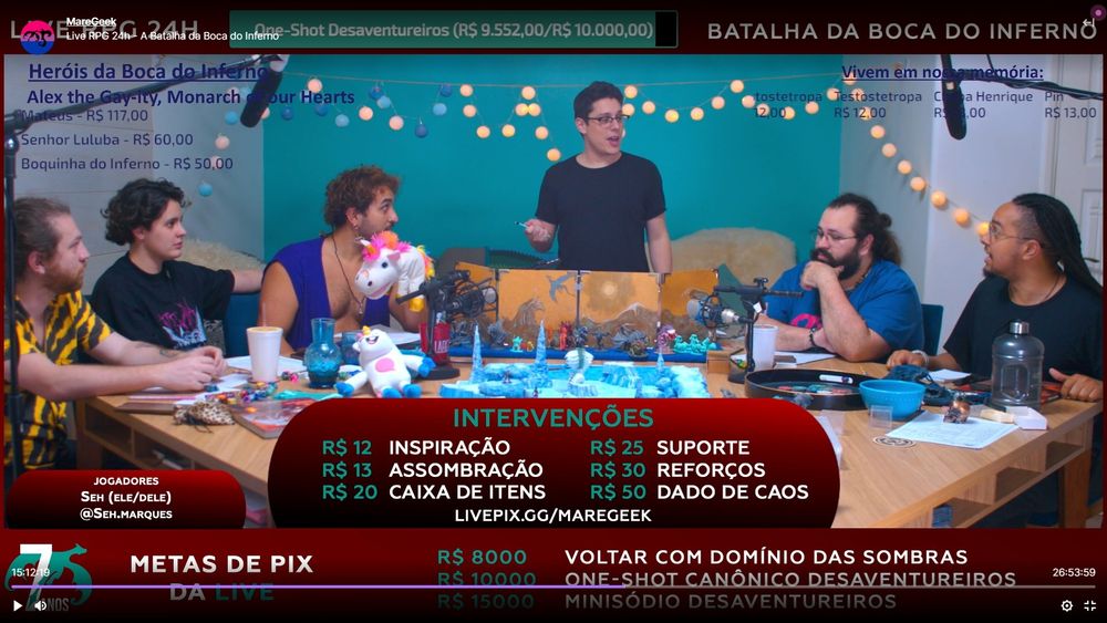 Um screenshot da live: Lucas de pé, atrás de seu escudo, falando com Alex Reis, à direita, ao lado de Tuzão. Aran, Fai e Seh (e Unicorna) estão à esquerda, observando a interação.