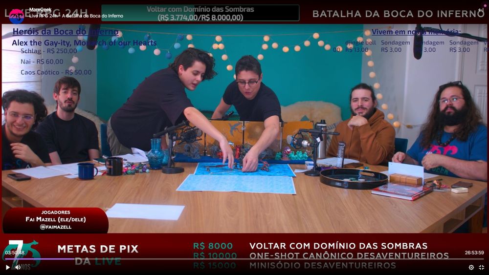 Um screenshot da live: Fai e Lucas de pé, mexendo no mapa de gelo no centro da mesa. À esquerda, André e Julio. À direita, Alex Manso e Tuzão.
