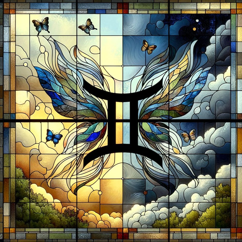 For this art prompt, envision a stained glass window that encapsulates the essence of Gemini and reflects the subtle, introspective theme described.

**Composition:**
- **Central Theme:** Create two distinct but interconnected panels within the window, symbolizing the dual nature of Gemini and the contrast between personal feelings of responsibility and communal melancholy.

**Imagery and Symbolism:**
1. **Butterflies or Dual Birds:** On one side of the window, include a motif of two birds or butterflies, flying apart yet connected by a subtle, almost invisible thread. This imagery reflects the Gemini's twin aspect and the seemingly separate but internally connected emotional states within a group.
   
2. **Clouds and Overcast Sky:** Above or behind the birds or butterflies, depict an overcast sky with clouds that have silver linings. This signifies the weight of responsibilities and the quiet, melancholic mood, yet also hints at the potential for positive outcomes.

3. **Scales or Balancing Elements:** Introduce an element of scales, delicately balanced, placed at the bottom or the side of the window. This represents the tricky act of balancing personal and collective responsibilities.

**Colors:**
- Utilize a predominantly cool-hued palette with touches of warmth. Incorporate shades of blues and grays to communicate the overall melancholy and responsibility theme, with occasional strokes of soft yellows or gentle oranges piercing through, symbolizing hope and the warmth of companionship despite current feelings.

**Materials and Textures:**
- Employ textured glass to give a sense of depth and complexity, mirroring the emotional layers each individual might be experiencing. The areas depicting the silver linings in the clouds could use iridescent glass, catching light to emphasize optimism and the concept of 'treating yourselves afterward.'

**Additional Symbolic Touches:**
- Add a series of small, gem-like circles connected by fine, twisting lines around the edges or along connecting points of the window. This can represent the community and how each individual, though dealing with personal issues, is part of a larger, supportive network.

This stained glass window will be a contemplative piece, encouraging reflection and a nuanced appreciation of both personal and shared emotional landscapes, resonant with the Gemini spirit of duality and connection.