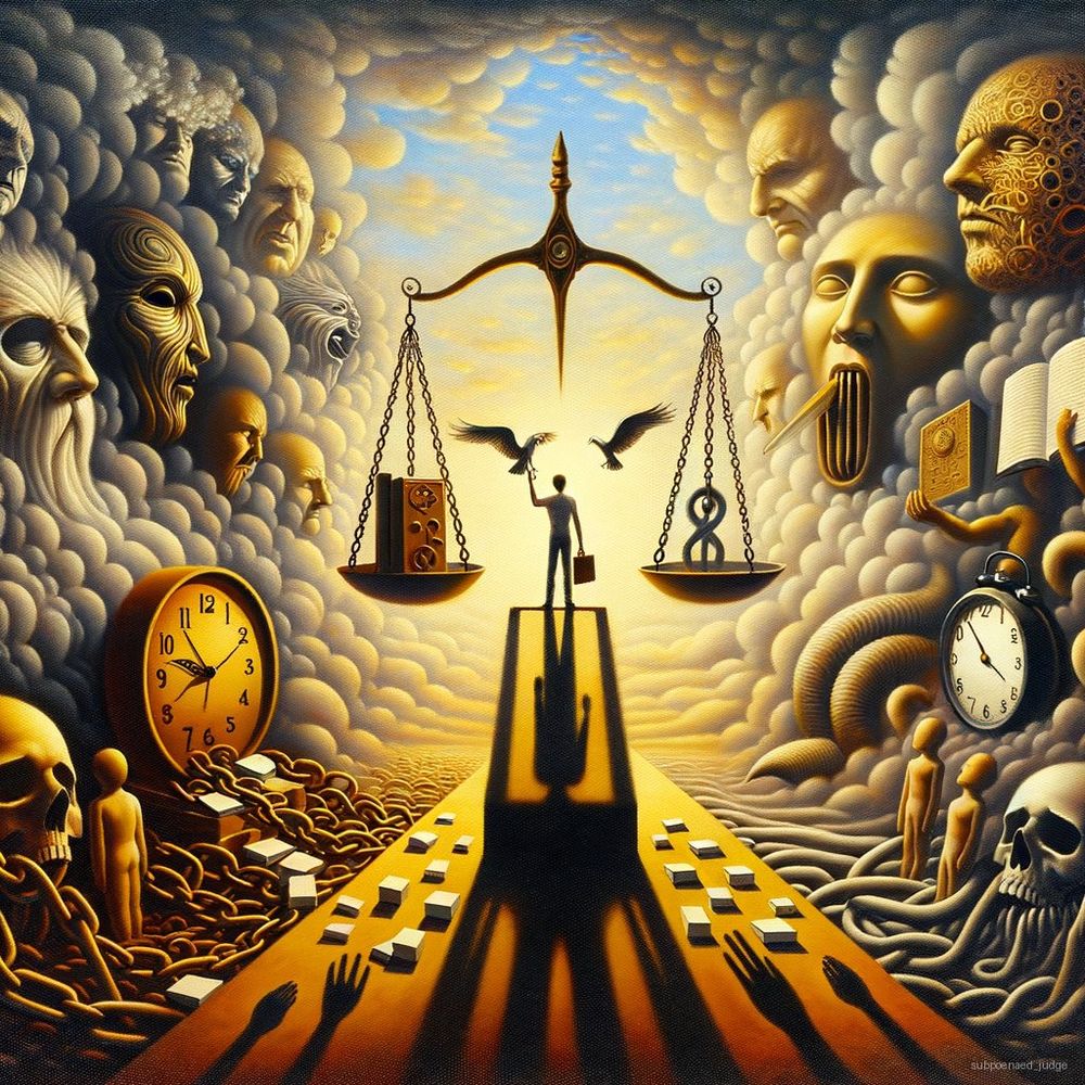 Create a symbolic, text-free artwork that embodies the thesis: 'Individual decisions are influenced by the existential awareness of mortality, the political dynamics of power, and the psychological need to conform to social norms.'. Use motifs: scales balancing books and clocks, shadows of large, lo