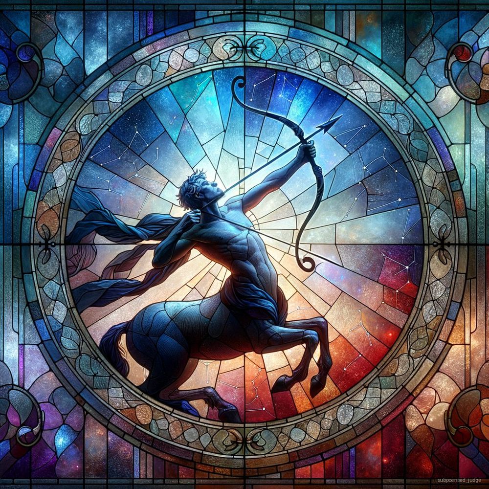 **Art Prompt: The Lonely Archer's Window**

Title: **The Lonely Archer’s Window**

**Style:** Stained Glass

**Visual Composition:**

1. **Central Element:** A lone, shadowy figure of a sagittarius - a centaur armed with only a bow, symbolizing the archer. Instead of aiming an arrow, the sagittarius is depicted looking upwards towards the sky, symbolizing longing and hope for connection.

2. **Background:** The glass around the centaur transitions through a series of cold and warm hues. Start with deep blues and purples at the edges, representing loneliness and the feeling of being forgotten. As the colors move inward toward the centaur, they gradually shift to warmer tones of red and gold near the face and raised bow, introducing a feeling of hope and warmth, symbolizing reaching out and desire for reconnection.

3. **Sky Elements:** Amid the transition of colors, embed silhouetted, disconnected constellations that traditionally symbolize communication (e.g., Gemini). The constellations are incomplete, with some stars missing, mirroring the theme of lost contact and incomplete communication.

4. **Bow and Arrow Motif:** The bow, typically a symbol of direction and intention, is relaxed in the sagittarius's hand with no arrow set. This represents hesitation and uncertainty in reaching out.

5. **Border Design:** The border of the window could be adorned with intertwined vines and leaves that gradually become more lush and full as they near the top of the window, suggesting growth and the potential flourishing of reconnection.

6. **Light Effects:** Design the window to catch natural light in a way that during different times of the day, different parts of the window are emphasized - loneliness highlighted during dimmer morning light and the warmth and hope glowing under the brighter noon and afternoon light.

This stained-glass window as an abstract interpretation provides a reflective and therapeutic visual journey from the feelings of loneliness and insecurity towards a more hopeful and proactive stance, encouraging reaching out and reconnecting, much like the narrative described for the Sagittarius individual feeling distant from friends or partners.