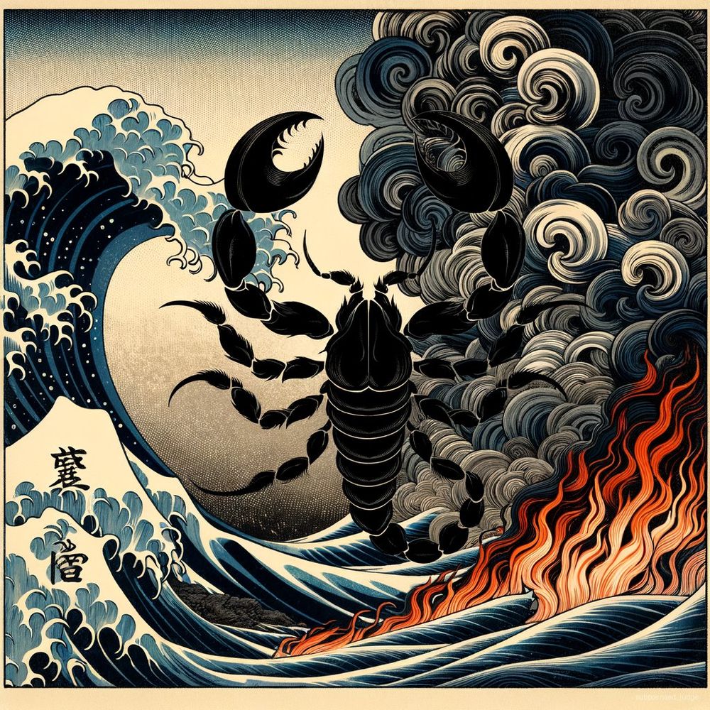 **Title of the Art Piece**: "The Dual Flames of Scorpio"

**Art Style**: Japanese Ukiyo-e Woodblock Print

**Visual Elements and Composition**:

1. **Central Motif - The Scorpio Emblem**: Visualize a large, stylized scorpion, not directly shown, but suggested through the curvature and shape of other elements within the print. This scorpion is formed by intertwining dark and light tendrils rising from the bottom of the composition, symbolizing the classic element of water associated with Scorpio but also hinting at hidden fire beneath.

2. **Background Elements - The Climactic Sky**: Above, the sky, depicted in tumultuous waves of ink that gradate from deep indigo to a mottled gray, suggests a brewing storm. This reflects the intense emotional and transformative undercurrents typical of Scorpio's influence.

3. **Opposing Forces - Fire and Water Imagery**: On either side of the scorpion motif, illustrate two powerful and opposing forces. On the left, waves crashing against rocks, dynamic and frothy, capturing the water element. On the right, tendrils of flame that mimic the shape and movement of the water, representing unseen but palpable heat and energy, suggesting the "flameproof suit" needed.

4. **Karmic Spiral Accents**: Thread through the entire composition fine lines that spiral slightly—evocative of DNA or a fingerprint, symbolizing karma and the personal journey. These spirals subtly connect all elements of the print, hinting that everything is interconnected.

5. **Color Palette - Subdued with Highlights**: While maintaining a primarily monochromatic scheme typical of traditional woodblock prints, use occasional stark contrasts. Highlights of crimson within the flames and deep blues within the water elements strategically attract the eye, emphasizing the struggle and balance between these opposing but equal forces.

6. **Border Design - Enclose the Composition**: The entire scene is framed by a border of intertwined thorns and vines, suggesting both protection and entrapment, hinting at the Scorpio's need to confront and resolve unresolved matters.

**Symbolic Elements**:

- **The Intertwining Tendrils**: Represent Scorpio’s complex nature and depth of emotions, as well as the entanglement in karmic cycles.
- **Sky and Water Interaction**: Symbolizes turmoil and the climax of long-term trends.
- **Flames**: Represent transformative forces and challenges that heat up Scorpio’s present situation, requiring resilience and adaptation.
- **Spiral Accents**: Symbolize the personal and unique journey of karma returning, urging introspection and resolution.

This art piece, through its powerful visual symbolism and dynamic yet balanced composition, conveys the deep and transformative experience of a Scorpio under celestial pressure, capturing both the essence of challenge and the potential for profound change.