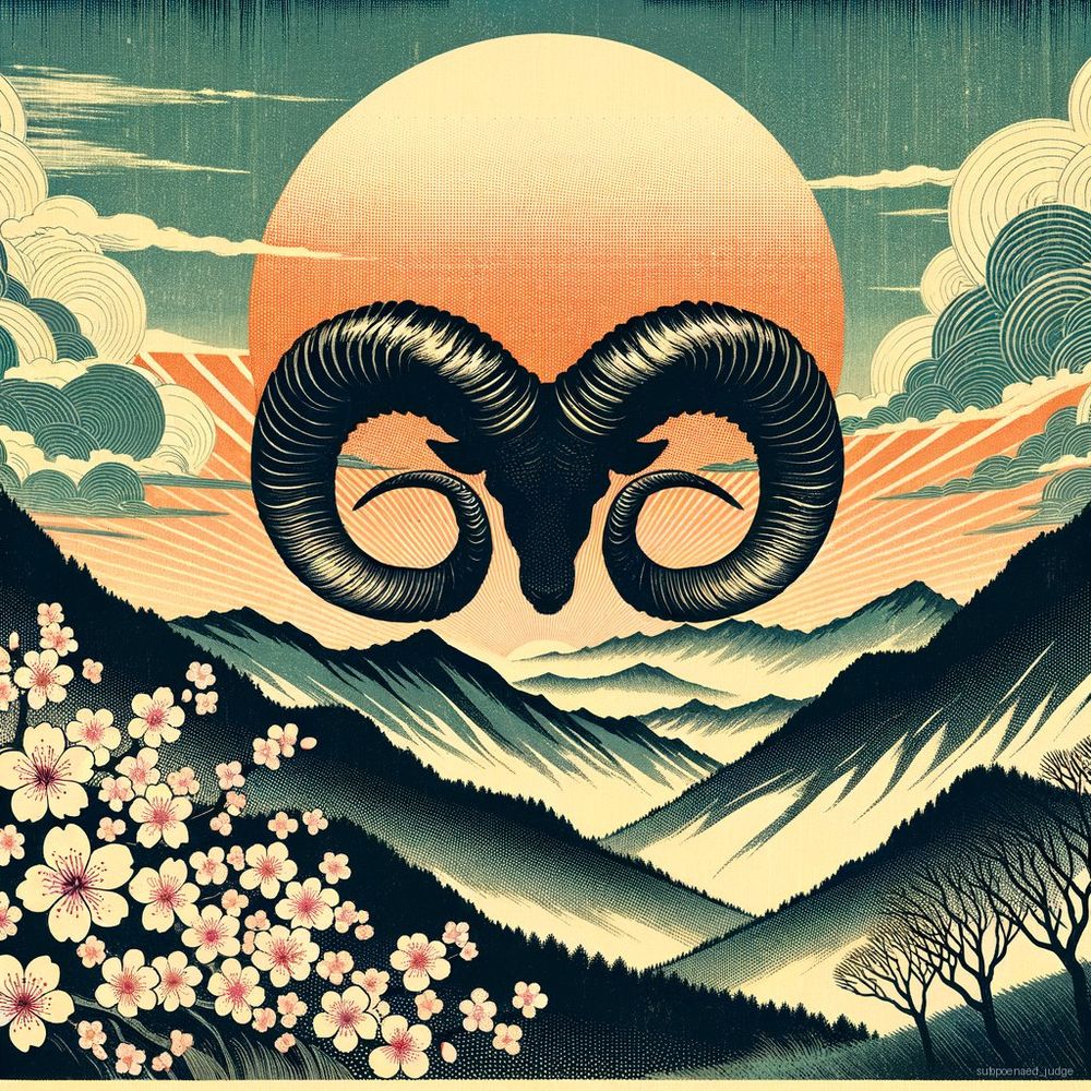**Art Prompt: Symbolic Ukiyo-e Woodblock of Aries’ Intellectual Epiphany**

**Setting and Composition:**
Imagine a classic ukiyo-e woodblock print landscape, softly rolling hills under a large, dominating sky. The scene captures the break of dawn with the rising sun—an emblem of new beginnings and fresh ideas, symbolic of the Aries’ burgeoning intellectual recognition.

**Symbolic Elements:**

1. **The Ram:** Instead of a literal animal, use stylized ram's horns that emerge seamlessly from the undulating shapes of the hills themselves. These horns are twisted and majestic, reaching towards the heavens, symbolizing Aries and the robust, powerful nature of their creativity and mental strength.

2. **Cherry Blossoms:** Scattered amidst the foothills, cherry blossoms blooming in full force, each petal catching the dawn’s light. In Japanese culture, these blossoms symbolize the transient nature of life and beauty—an ode to fleeting, brilliant ideas that must be seized swiftly.

3. **Flowing River:** A river carves a path through the landscape, reflective and shimmering under the early morning sun. The river's course represents the Aries’ stream of thoughts—fluid, dynamic, and relentless. It should twist and turn, echoing the shape of the ram’s horns above, indicating that all thoughts are interlinked with the core Aries spirit.

4. **Golden Sun:** The sun, rising at the horizon, massive and commanding, bathes the entire scene in a soft, golden light. Its rays could be depicted as slightly more geometric, perhaps subtly echoing mathematical or architectural precision, hinting at the innovative and sharp nature of the Aries’ recent intellectual ventures.

5. **Mist and Clouds:** Incorporate drifting mist or low clouds winding through the hills and around the ram’s horns, symbolizing the mystical and sometimes elusive path to recognition and success. The clouds can have silver linings, emphasizing optimism and the silver lining in each intellectual pursuit.

**Color Palette:** 
Though specific colors are not mandated, the use of natural, muted tones derived from traditional ukiyo-e prints could be effective. Use gradients of indigo and gray for the night transitioning into warm golds and pales pinks of dawn, creating a soft yet vibrant setting that feels both inspiring and serene.

**Final Touches:**
The style should maintain the flattened perspective and detailed line work characteristic of ukiyo-e prints, emphasizing flow and natural beauty. The intricacy of the pattern within the ram's horns and the river reflects the complex thought processes and the depth of the Aries’ ideas.

This depiction not only captures the essence of the Aries horoscope concerning their intellectual acuity and potential for recognition but also pays homage to the elegant and symbolic nature of Japanese ukiyo-e art.