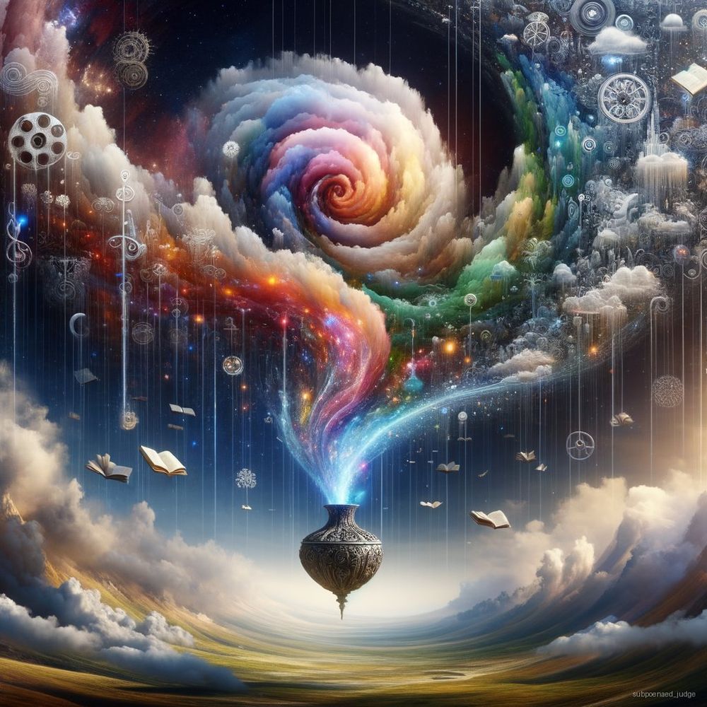 **Art Prompt: Psychedelic Vision of Aquarius Inspiration**

**Setting and Scene:**
Imagine an expansive, ethereal landscape that stretches under a swirling, vibrant sky. The scene is devoid of people, focusing purely on symbolism and emotion conveyed through nature and abstract forms.

**Core Imagery and Symbols:**
1. **Water Bearer Representation**: Instead of a human figure, use a large, ornate vessel, perhaps crystalline or glowing, suspended in the air. It spills a continuous stream of luminescent water that flows in improbable directions, defying gravity.

2. **Brain-like Cloud Formation**: Above the horizon, craft a colossal cloud that subtly mimics the folds and contours of a brain. This cloud is iridescent, shimmering with shifting hues that suggest constant activity and creation.

3. **Documentary Elements**: Integrate faint, ghostly images of book pages, film reels, and musical notes within the water flow and cloud, symbolizing the feeding of intellect through various media.

4. **Flights of Fancy**: From the brain-cloud, emit vivid, electric bursts or sparks that transform into fantastical creatures or objects (like flying fish with butterfly wings, floating clocks, etc.), representing the flights of fancy and bursts of creativity.

5. **Color Palette**: Utilize a psychedelic color scheme with no specific primary color. Focus on iridescents and metallics — shimmering purples, deep blues, radiant aquas, and flashes of silver and gold, creating a sense of otherworldly wonder.

6. **Connective Elements**: Have thin, vein-like streams connect various elements of the painting, hinting at the interconnectedness of ideas and inspiration.

7. **Background Essence**: The background should feature a cosmic-like gradient, as if the scene is set on the edge of space, further enhancing the feeling of mental transcension and limitless possibilities.

This art setup encourages a deep dive into an imaginative realm powered by the intellectual and innovative spirit of Aquarius, using no literal depictions but evocative symbolism to stitch together a narrative of intense mental activity and creativity on a seemingly low-energy day.
