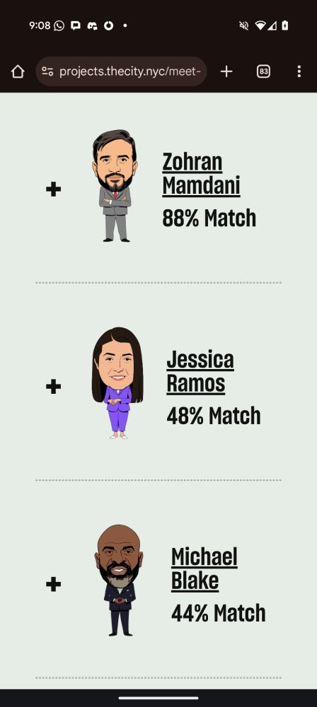 Screenshot of the survey results, showing 88% match for Zohran Mamdani, followed by 48% match for Jessica Ramos and 44% match for Michael Blake