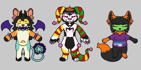 Three tiny furry creatures, from left to right: a chimera with too many features to mention, a jester monster with red/green/yellow stripes that wears a wooden crown with a cross on top and finally a black and orange fox with a green face and a haircut with side bangs.