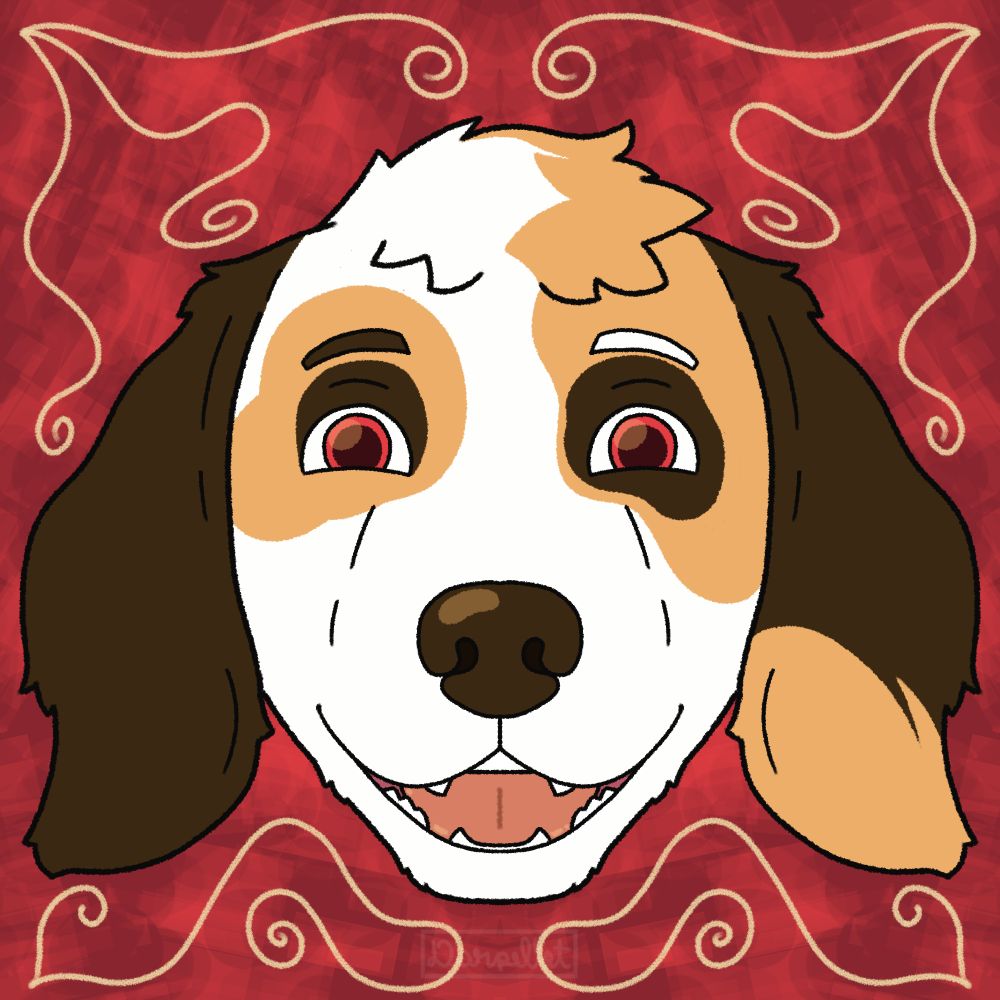 A symmetrical headshot of a beagle with red eyes on top of a red background with pale golden details.