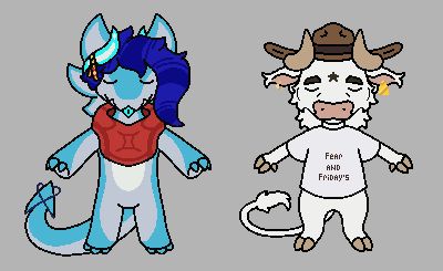 On the left there's a small blue and white dragon with a red scarf and dark blue fur, while on the right there's a small white bull with a cowboy hat and golden accessories on each ear.