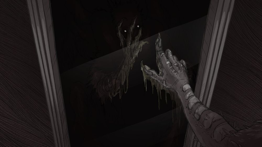 The Hero looking into the mirror. His reflection is withering away.