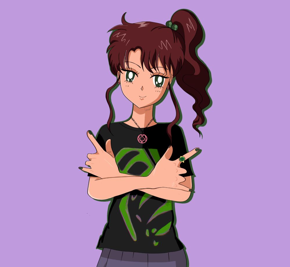 Sailor Moon's Makoto Kino aka Sailor Jupiter wearing a black t-shirt featuring album art from NIN's Pretty Hate Machine remastered. She is also wearing a pink heartagram necklace and an owl cave ring from Twin Peaks.