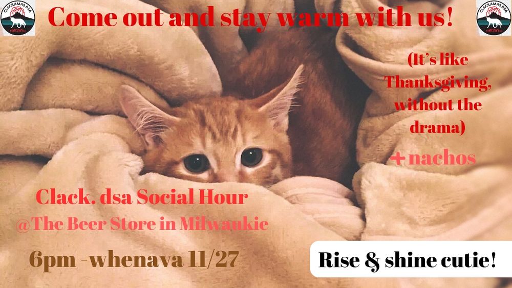 Flyer with a kitten that reads " come out and stay warm with us it's like Thanksgiving without the drama plus nachos".

Clackamas DSA Social Hour
at the beer store in Milwaukie 6:00 p.m. November 27th