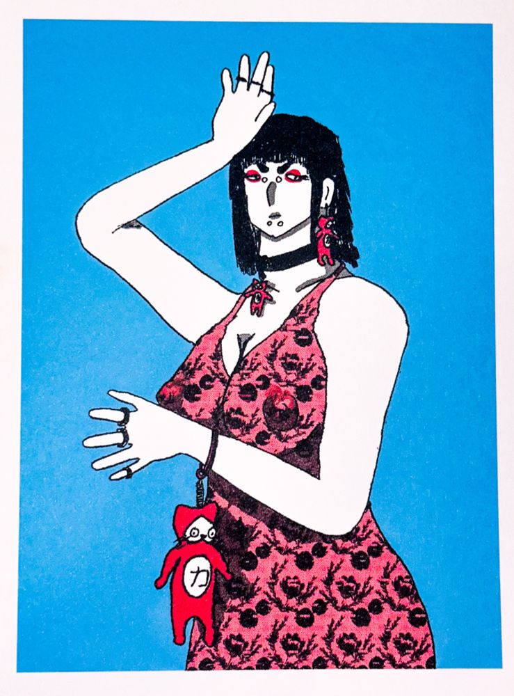 Drawing of a woman wearing a sheer red floral dress with no bra posing with red kitty cat pendants on her wrist, collar, and ear. She’s up against a cyan background 