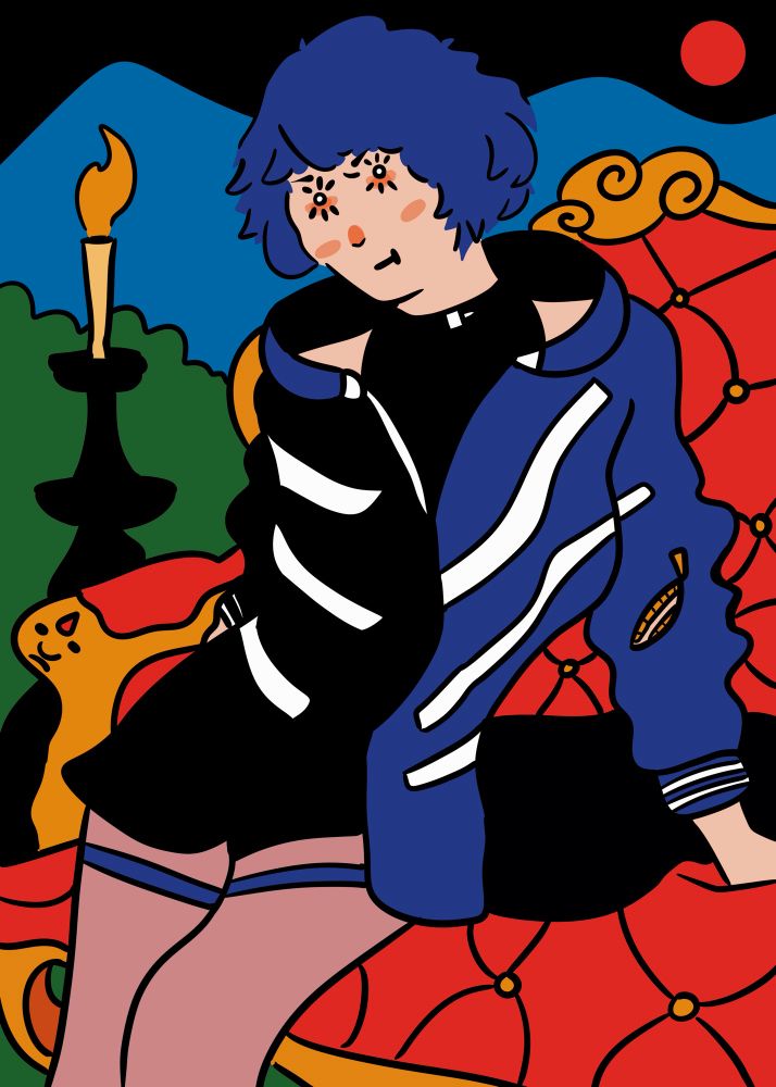 Cartoon version of Reina from Tekken 8 sitting on a throne in a desert.  She has a black and purple hoodie on with white stripes and purple hair.  There’s a candle holder in the background in front of the bushes with mountains and the moon in the dark sky behind 