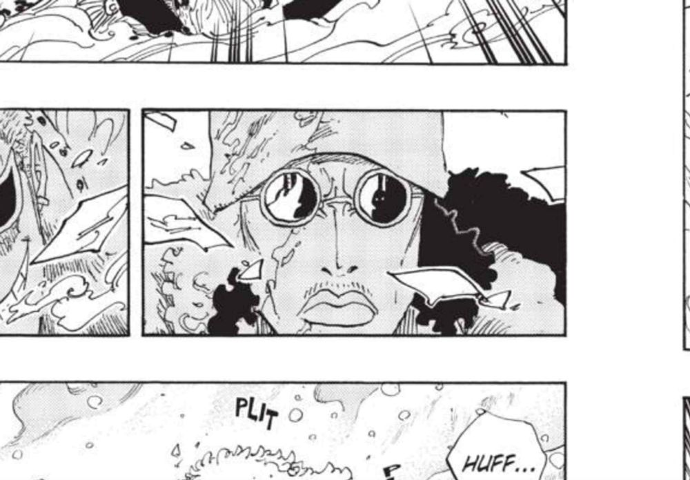 Chapter 699 of One Piece. Kuzan's glasses show a mysterious figure looking very much like Imu, a character not revealed hundreds of chapters later.