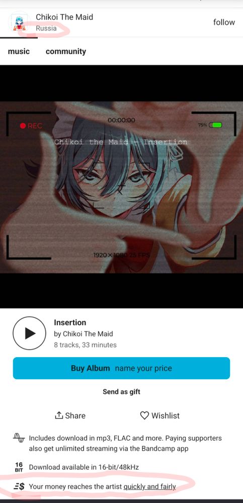 Chikoi The Maid bandcamp page with two things highlighted. 
1) The artist is in Russia
2) "your money reaches the artist quickly and fairly"