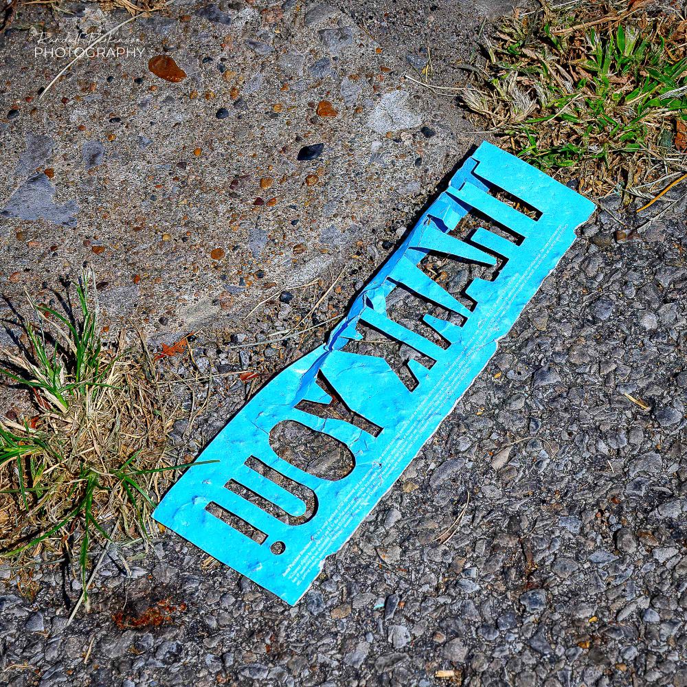 A blue/green stencil saying "THANK YOU!" lays upside down on a street next to several bits of grass growing in the crack between the asphalt pavement and the concrete curb.