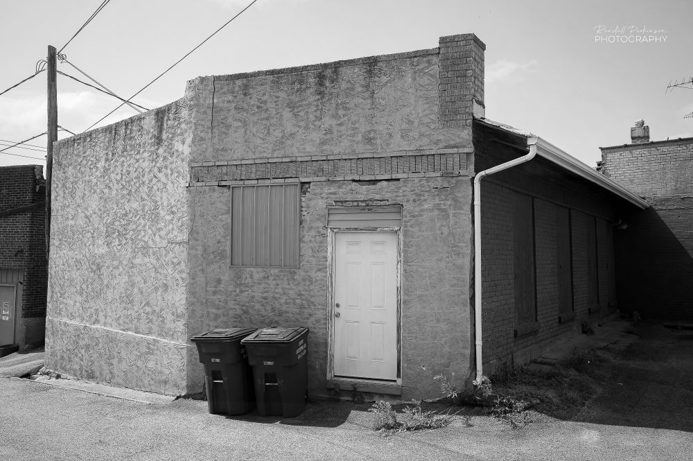 Two plastic trash cans sit in an alley by a building with a white door and a window covered in metal siding