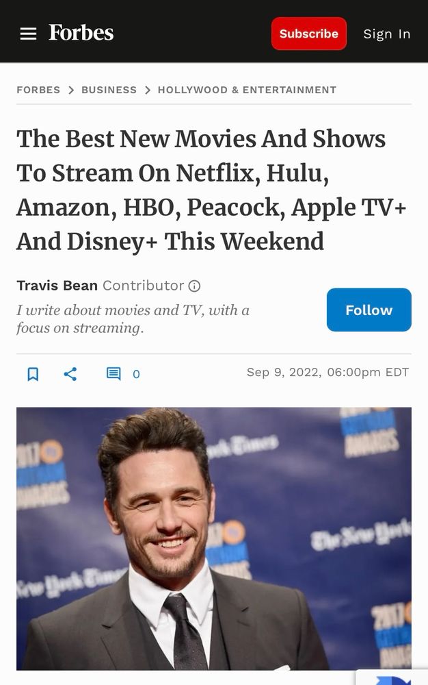 Forbes list of The Best New Movies and Shows to Stream — THE LAST VICTIM is among the entries.