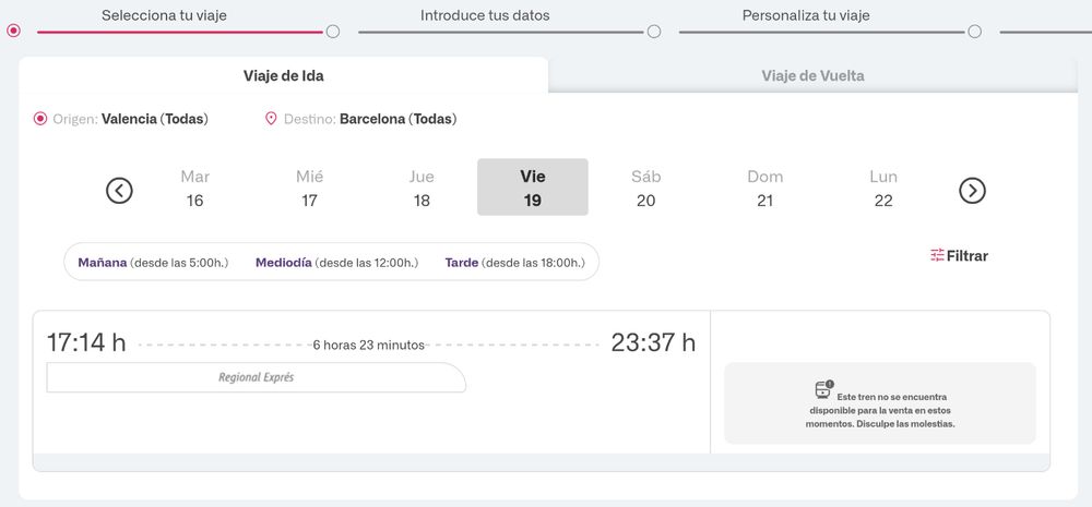 Captura de RENFE, no hi ha trens disponibles a Barcelona per a dins d'un mes.