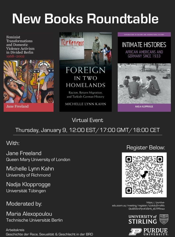 Flyer for virtual new books roundtable with Jane Freeland, Michelle Lynn Kahn, and Nadja Klopprogge, moderated by Maria Alexopoulou. January 9th at 12pm EST. 