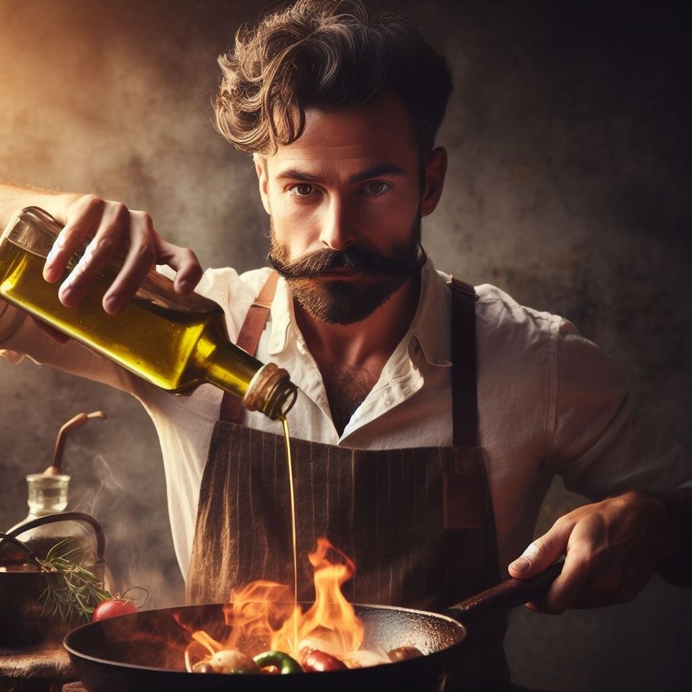 Un homme en plein movember qui jette de l'huile sur le feu, les yeux dans les yeux avec le photographe