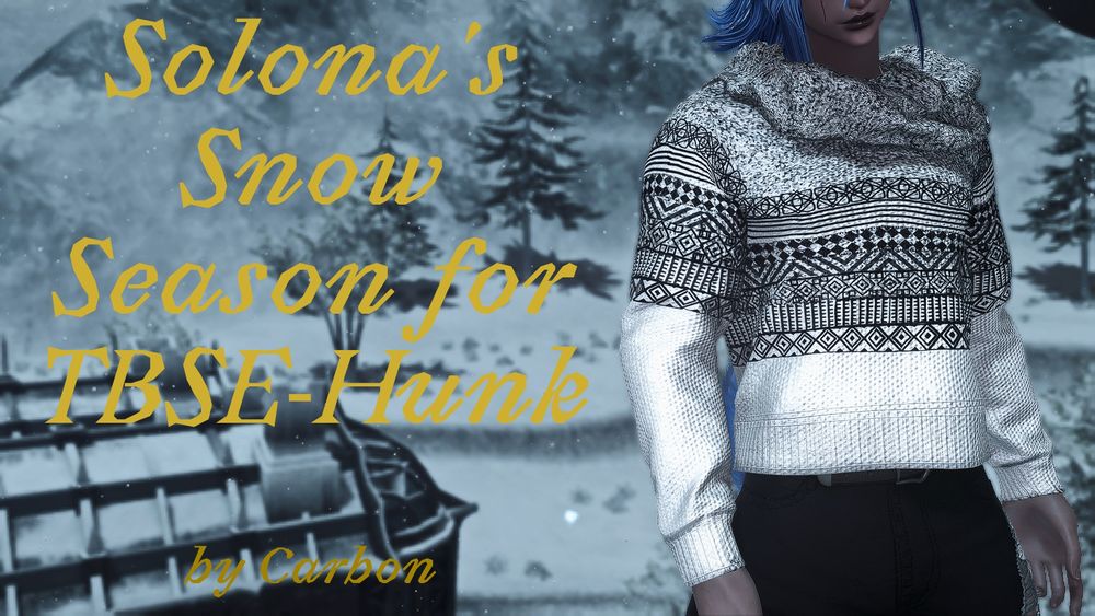 There's text in yellow on the left that says, "Solona's Snow Season for TBSE-Hunk by Carbon" and a man in a white sweater with intricate black details on the right. Both are on the foreground to a snowy zone in FFXIV.