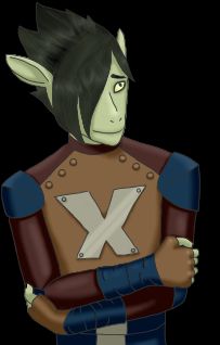 Stork from Storm Hawks.He has his arms crossed and is looking slightly to the right